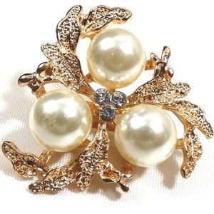 Rose gold color metal white pearl faux & crystal rhinestones floral leaf pin